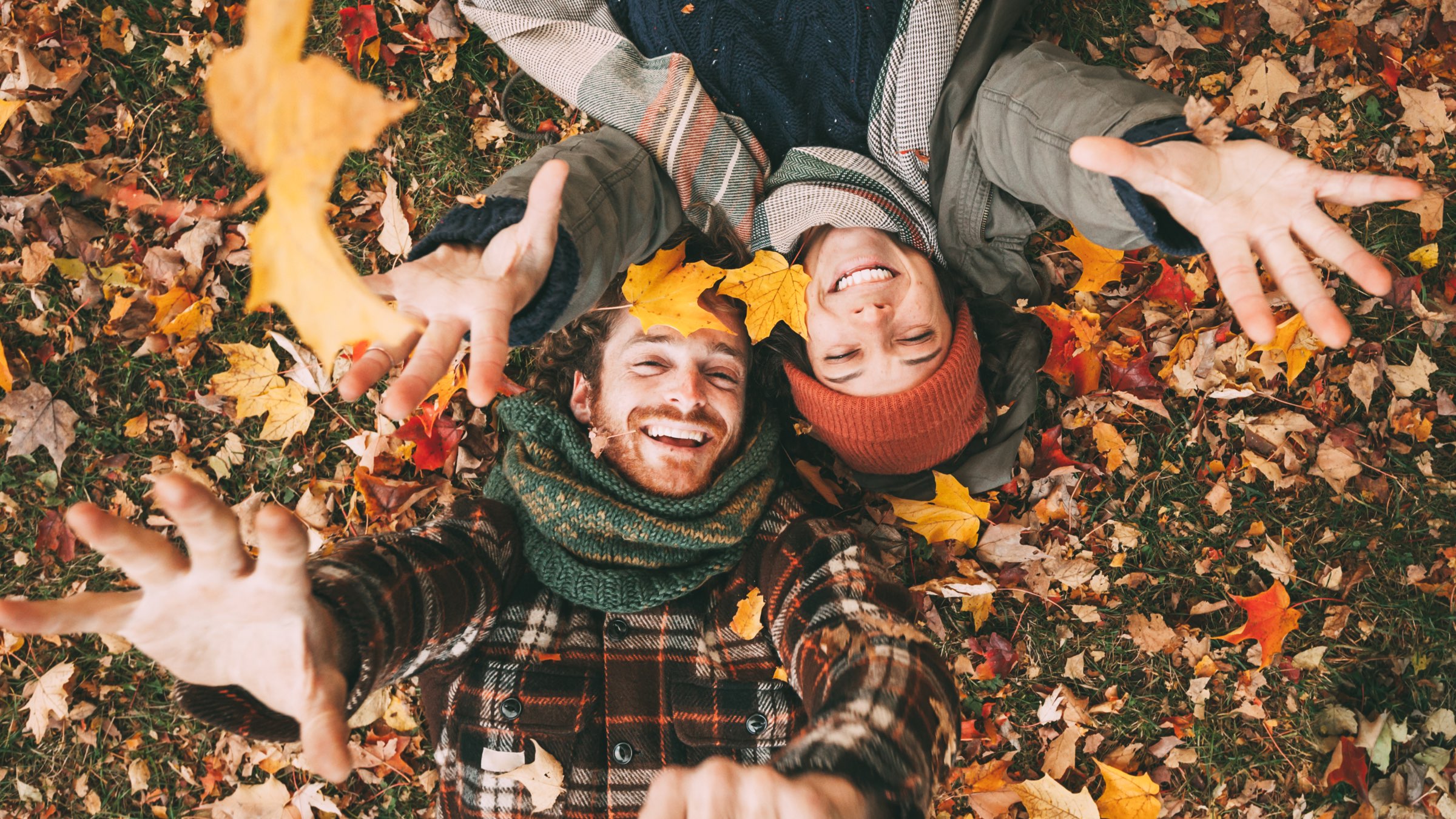 Couple allongé dans les feuilles d'automne