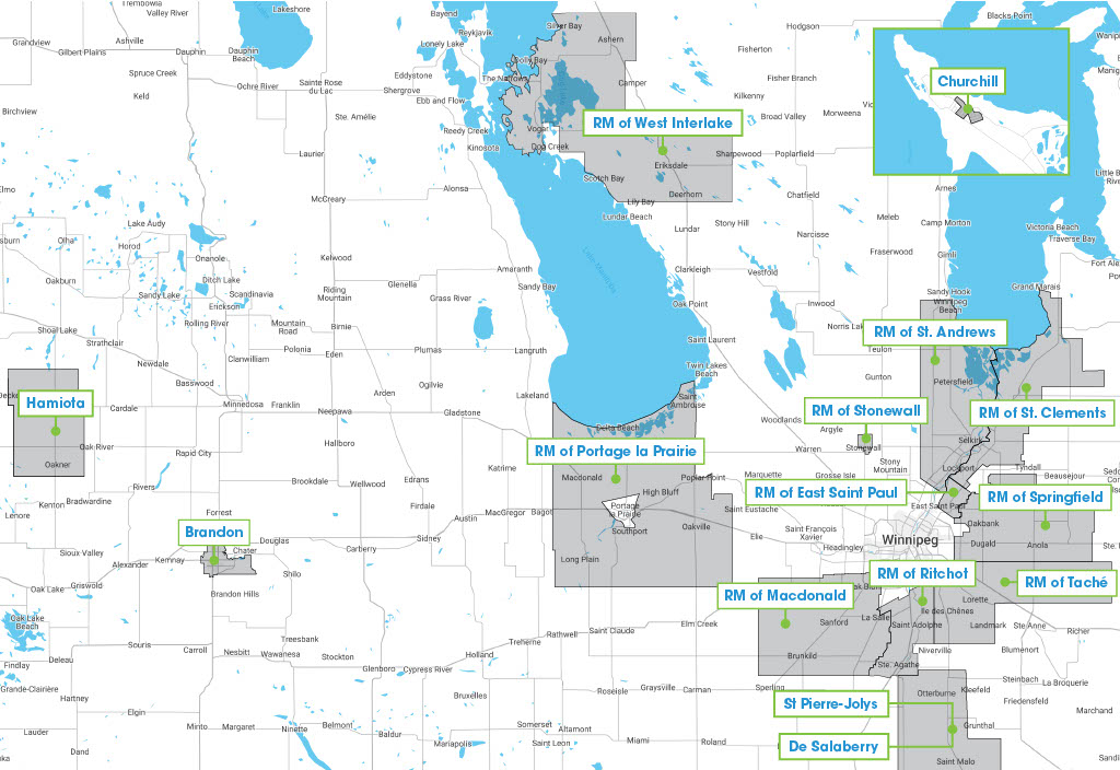 A map view of participating communities in Efficiency Manitoba's Community Energy Efficiency Program.