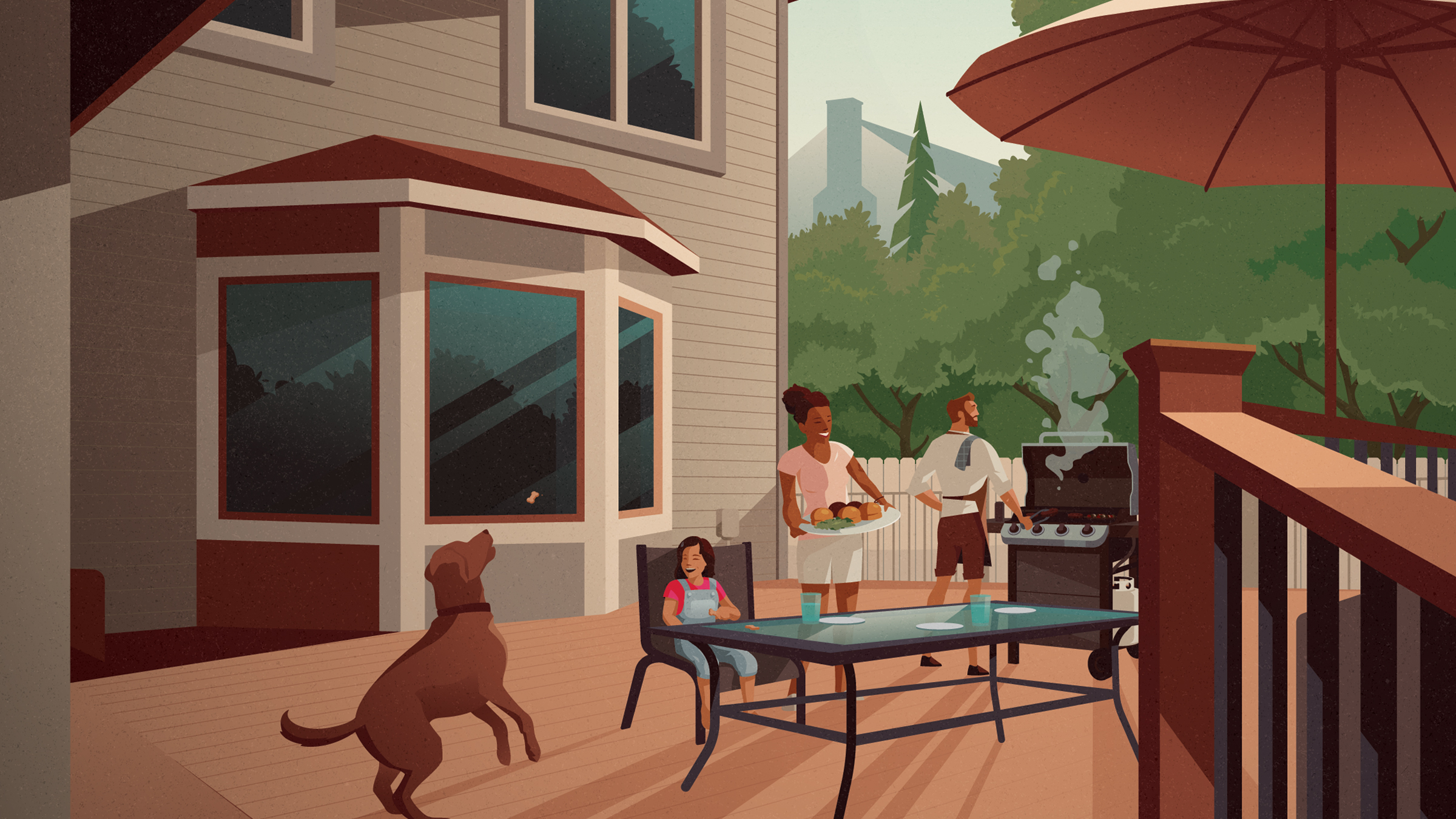 Illustration d'un BBQ familial en arrière-cour